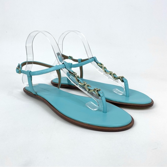Banana Republic Mariah T-strap Sandal Flat Blue Leather Gold Chain Womens 8 - Picture 2 of 15